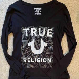 True Religion Black and Silver Long Sleeve V-Neck T-Shirt